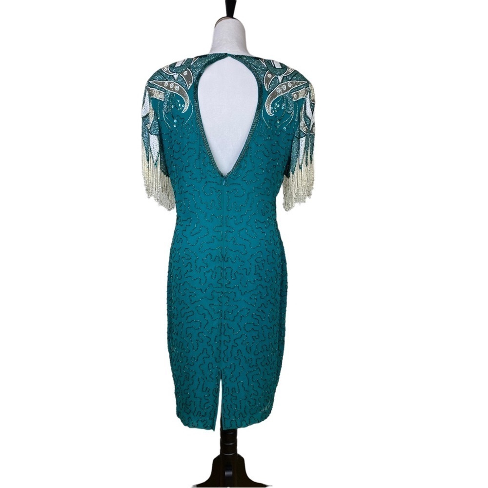 Vintage Morgan Taylor Evening Beaded open back Knee Length 100% Silk Green Sz 14